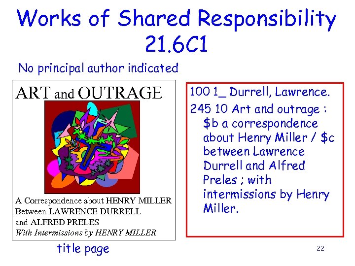 Works of Shared Responsibility 21. 6 C 1 No principal author indicated ART and