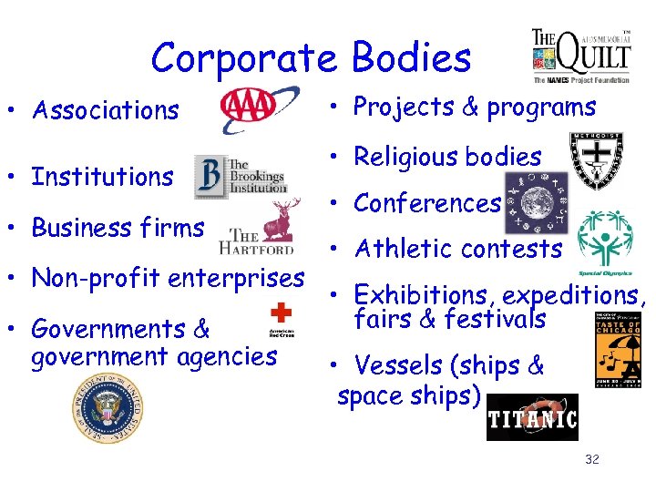 Corporate Bodies • Associations • Institutions • Business firms • Non-profit enterprises • Governments