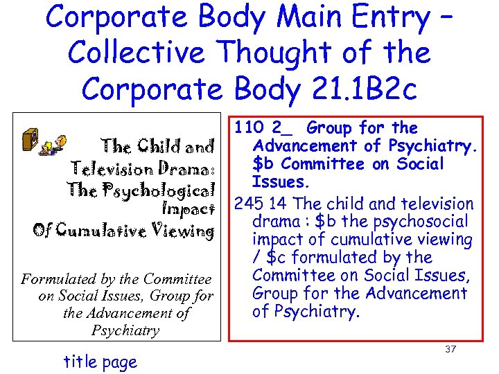 Corporate Body Main Entry – Collective Thought of the Corporate Body 21. 1 B