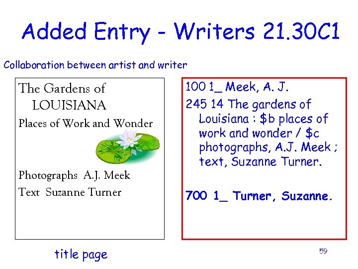 Added Entry - Writers 21. 30 C 1 Collaboration between artist and writer The