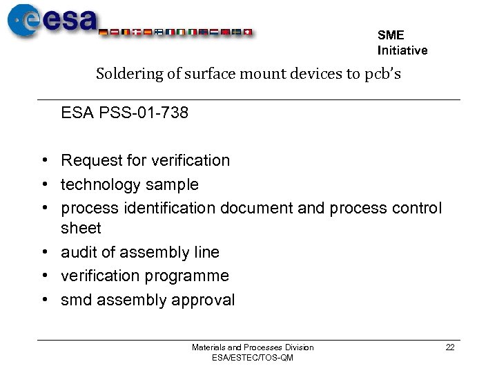 SME Initiative Soldering of surface mount devices to pcb’s ESA PSS-01 -738 • Request