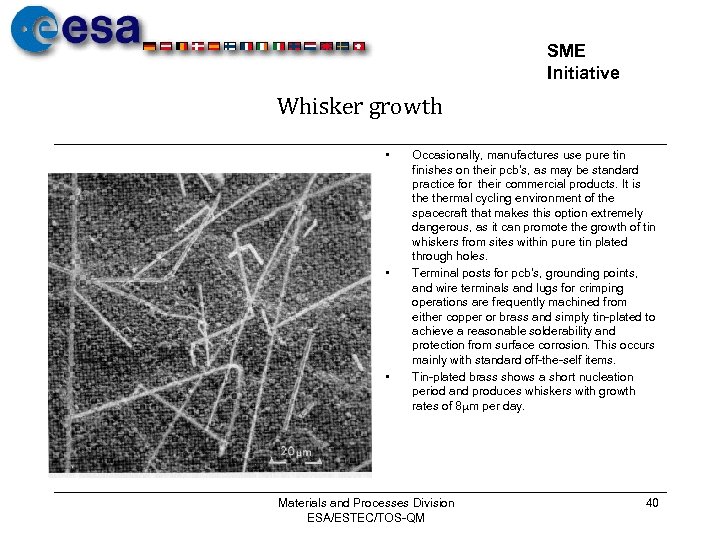 SME Initiative Whisker growth • • • Occasionally, manufactures use pure tin finishes on