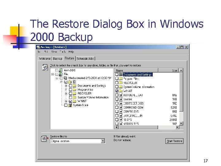 The Restore Dialog Box in Windows 2000 Backup 17 