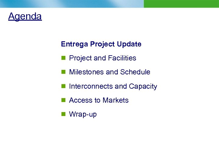 Agenda Entrega Project Update n Project and Facilities n Milestones and Schedule n Interconnects