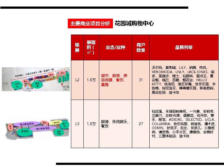 主要商业项目分析 花园城购物中心 楼 层 L 2 L 3 层面 积（ ㎡） 1. 8万 业态/业种