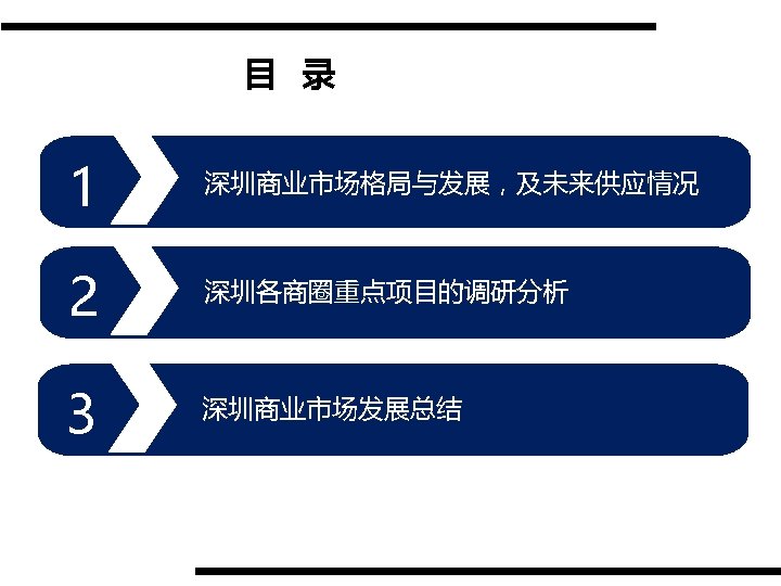 目 录 1 深圳商业市场格局与发展，及未来供应情况 2 深圳各商圈重点项目的调研分析 3 深圳商业市场发展总结 