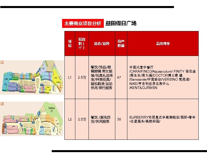 主要商业项目分析 益田假日广场 层面 积（ ㎡） 业态/业种 L 1 2. 5万 餐饮/饰品/眼 镜眼镜 男女服 装/玩具礼品珠