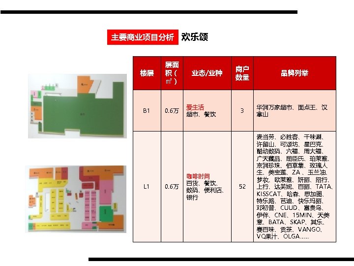 主要商业项目分析 欢乐颂 楼层 层面 积（ ㎡） B 1 0. 6万 L 1 0. 6万