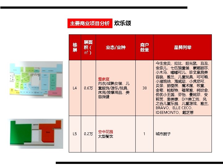 主要商业项目分析 欢乐颂 楼 层 层面 积（ ㎡） 业态/业种 L 4 0. 6万 爱家庭 内衣/成熟女装、儿