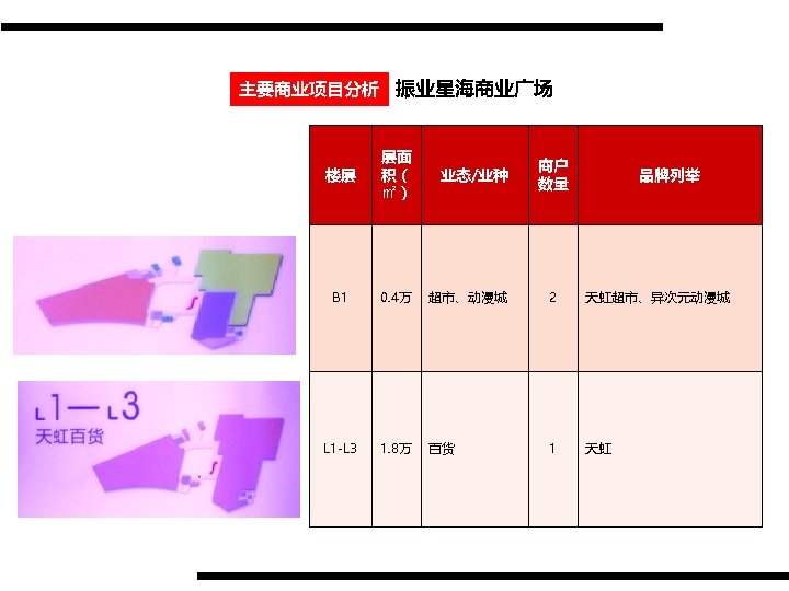 主要商业项目分析 振业星海商业广场 楼层 层面 积（ ㎡） 业态/业种 B 1 0. 4万 超市、动漫城 2 天虹超市、异次元动漫城