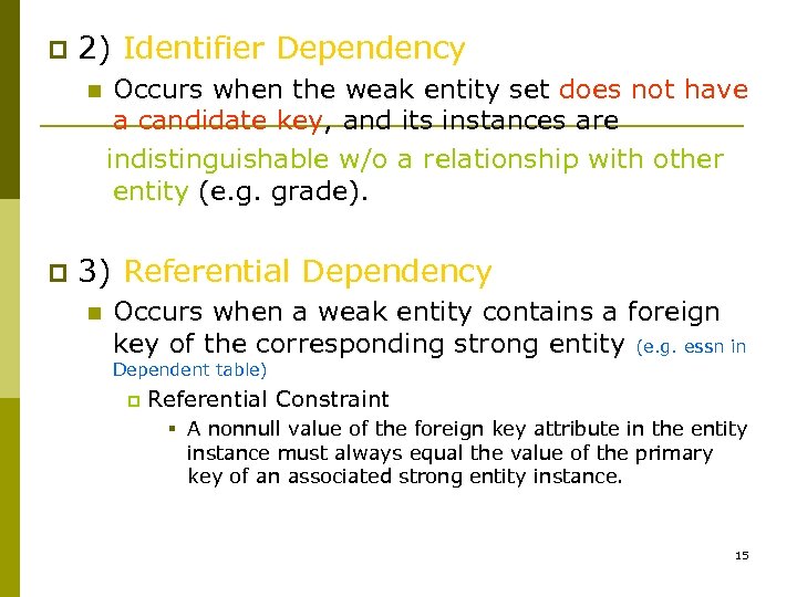 p 2) Identifier Dependency n p Occurs when the weak entity set does not