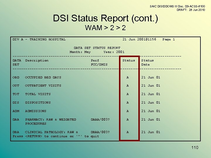 SAIC D/SIDDOMS III Doc. D 3 -ACSS-8100 DRAFT: 28 Jun 2010 DSI Status Report