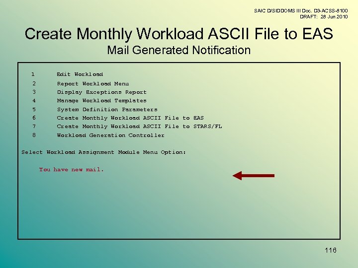 SAIC D/SIDDOMS III Doc. D 3 -ACSS-8100 DRAFT: 28 Jun 2010 Create Monthly Workload