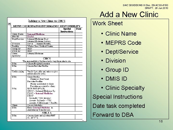 SAIC D/SIDDOMS III Doc. D 3 -ACSS-8100 DRAFT: 28 Jun 2010 Add a New