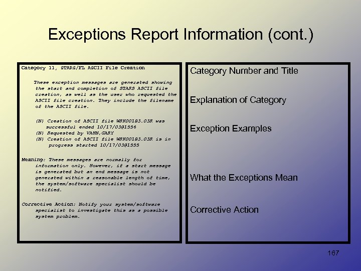 Exceptions Report Information (cont. ) Category 11, STARS/FL ASCII File Creation These exception messages