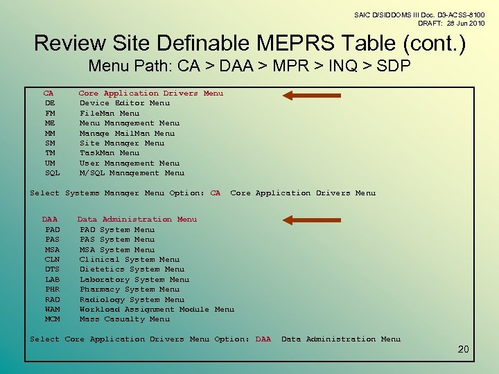 SAIC D/SIDDOMS III Doc. D 3 -ACSS-8100 DRAFT: 28 Jun 2010 Review Site Definable