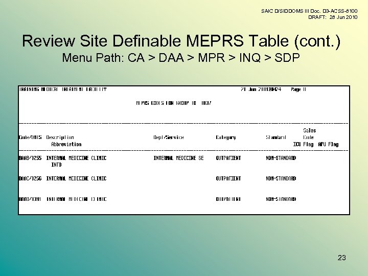 SAIC D/SIDDOMS III Doc. D 3 -ACSS-8100 DRAFT: 28 Jun 2010 Review Site Definable