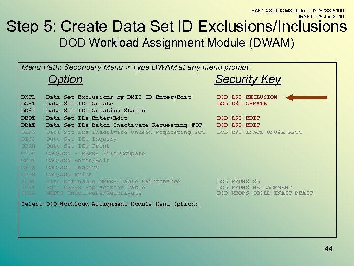 SAIC D/SIDDOMS III Doc. D 3 -ACSS-8100 DRAFT: 28 Jun 2010 Step 5: Create