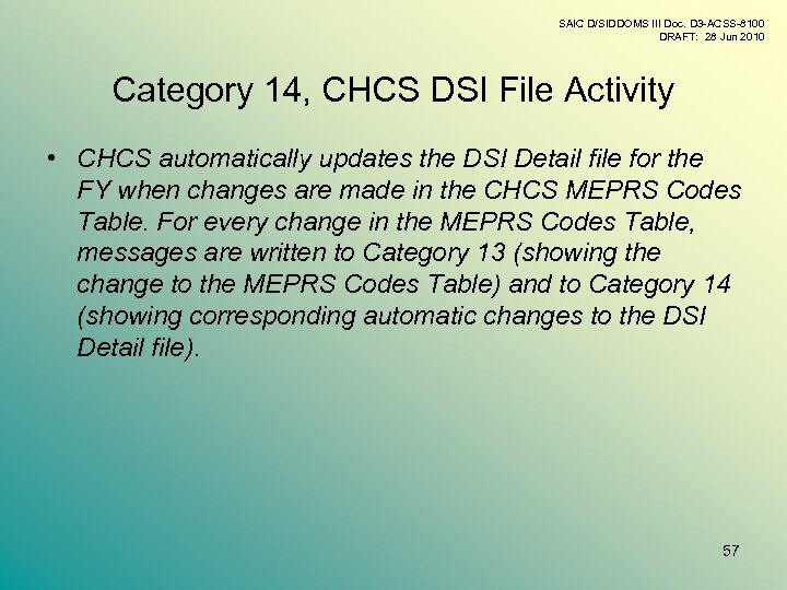 SAIC D/SIDDOMS III Doc. D 3 -ACSS-8100 DRAFT: 28 Jun 2010 Category 14, CHCS