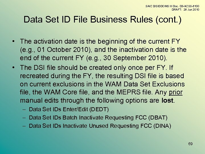 SAIC D/SIDDOMS III Doc. D 3 -ACSS-8100 DRAFT: 28 Jun 2010 Data Set ID