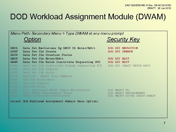 SAIC D/SIDDOMS III Doc. D 3 -ACSS-8100 DRAFT: 28 Jun 2010 DOD Workload Assignment