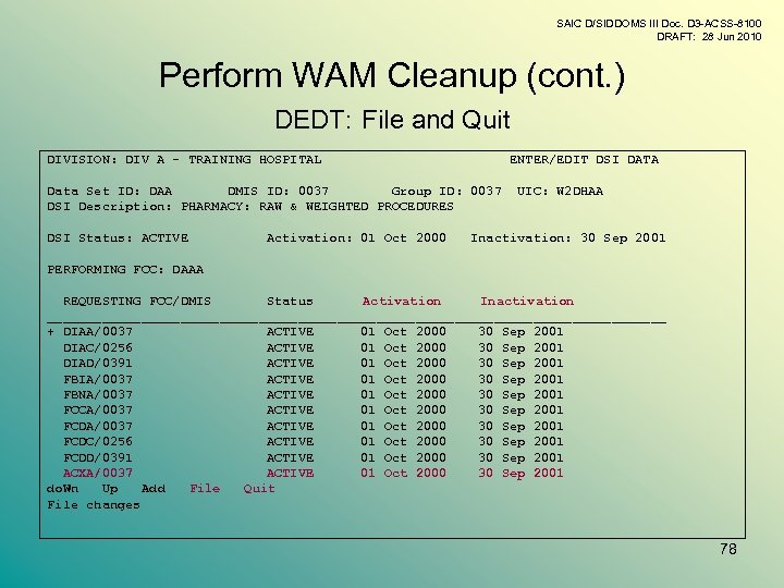 SAIC D/SIDDOMS III Doc. D 3 -ACSS-8100 DRAFT: 28 Jun 2010 Perform WAM Cleanup