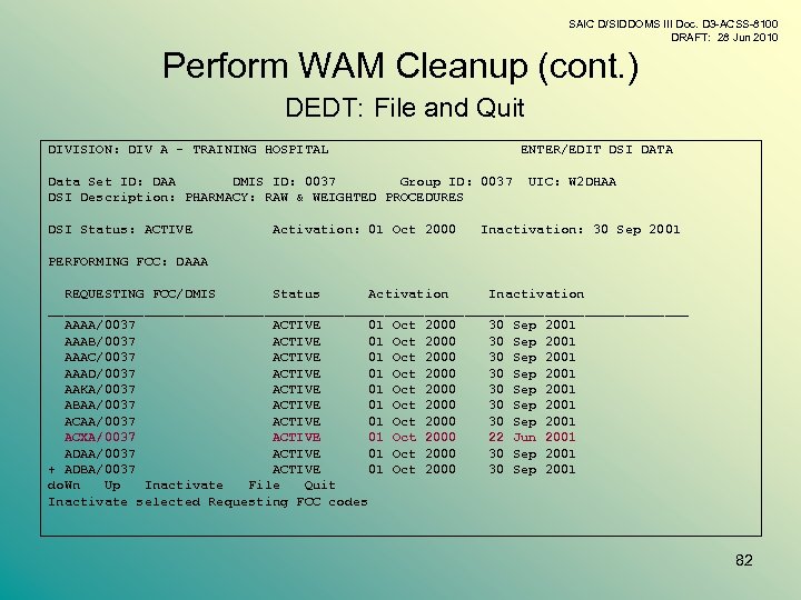 SAIC D/SIDDOMS III Doc. D 3 -ACSS-8100 DRAFT: 28 Jun 2010 Perform WAM Cleanup