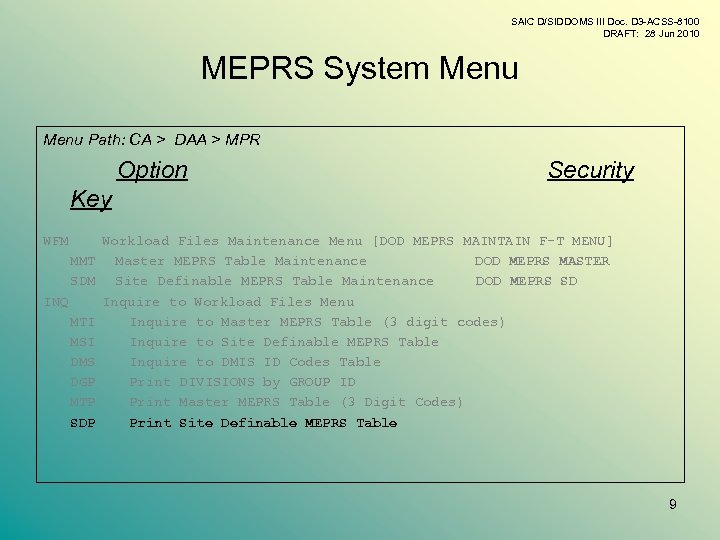 SAIC D/SIDDOMS III Doc. D 3 -ACSS-8100 DRAFT: 28 Jun 2010 MEPRS System Menu