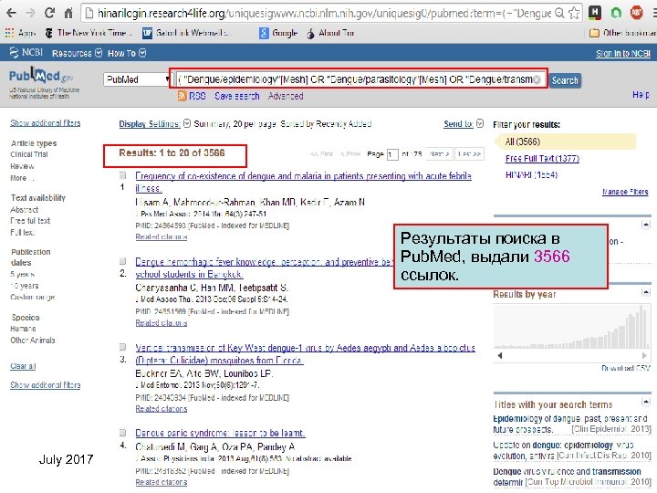 Результаты поиска в Pub. Med, выдали 3566 ссылок. July 2017 