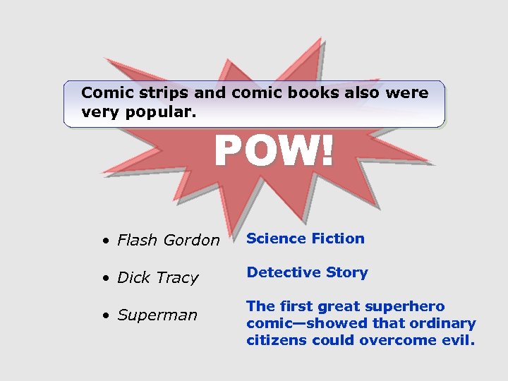 Comic strips and comic books also were very popular. POW! • Flash Gordon Science