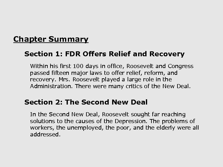 Chapter Summary Section 1: FDR Offers Relief and Recovery Within his first 100 days