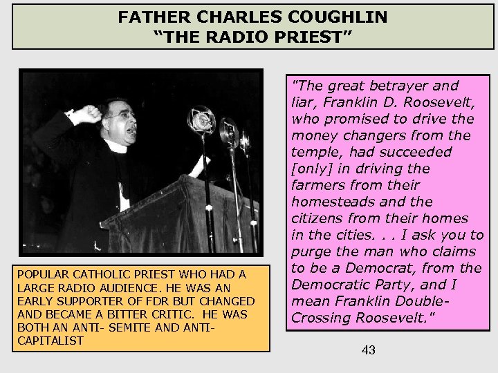 FATHER CHARLES COUGHLIN “THE RADIO PRIEST” POPULAR CATHOLIC PRIEST WHO HAD A LARGE RADIO