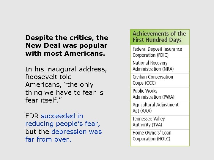 Despite the critics, the New Deal was popular with most Americans. In his inaugural