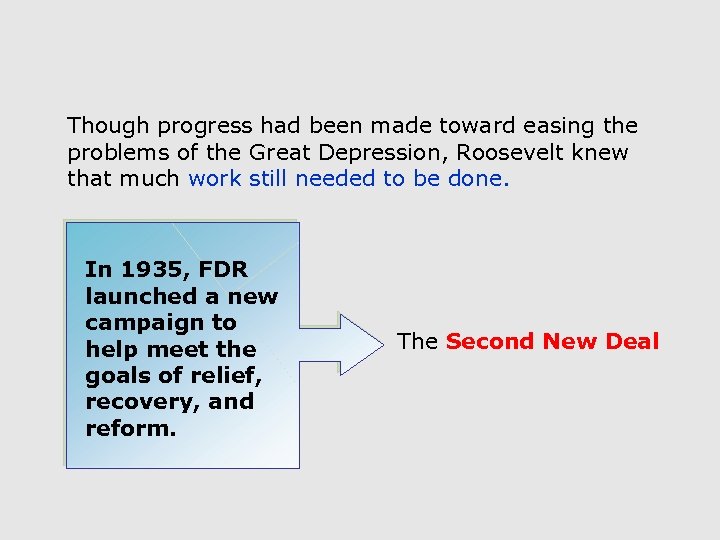 Though progress had been made toward easing the problems of the Great Depression, Roosevelt