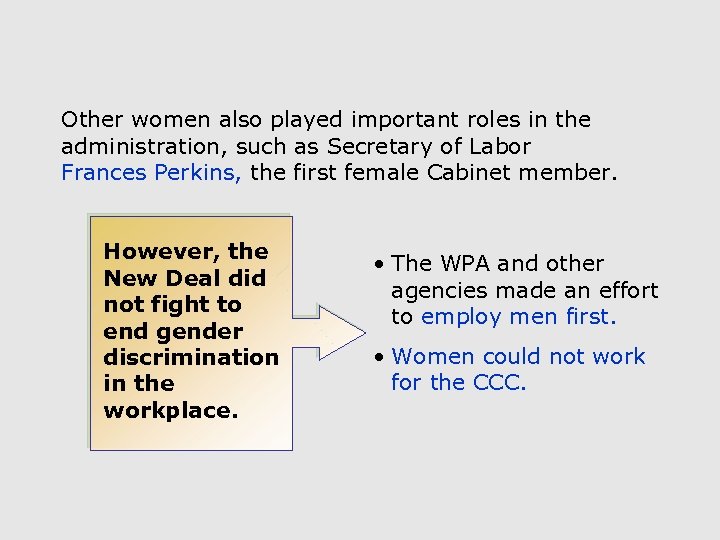 Other women also played important roles in the administration, such as Secretary of Labor