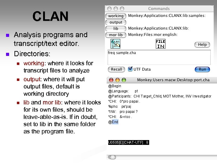 CLAN n n Analysis programs and transcript/text editor. Directories: n n n working: where
