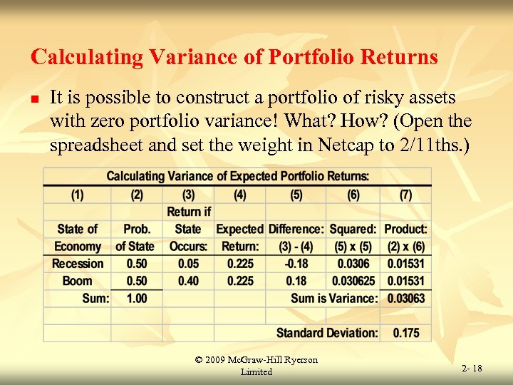 Calculating Variance of Portfolio Returns n It is possible to construct a portfolio of