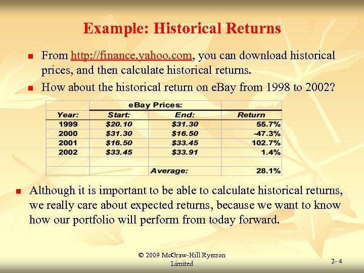 Example: Historical Returns n n n From http: //finance. yahoo. com, you can download