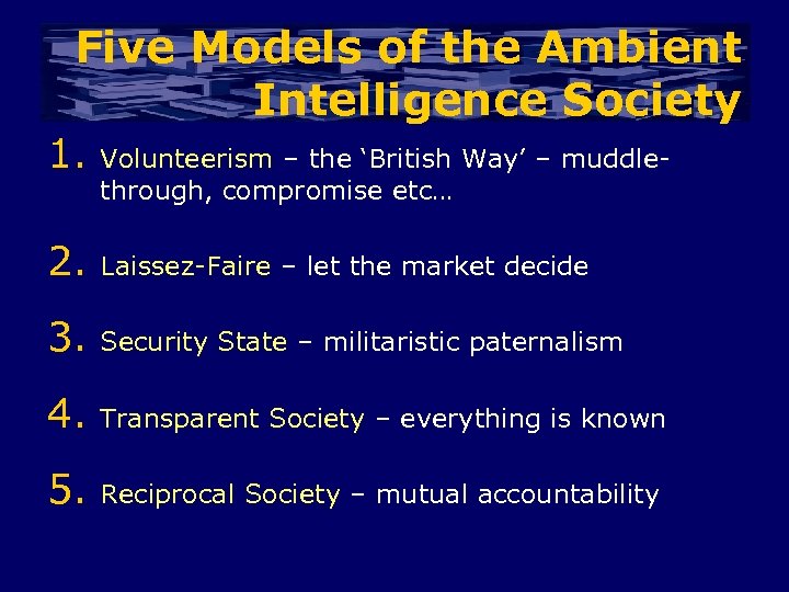 Five Models of the Ambient Intelligence Society 1. Volunteerism – the ‘British Way’ –