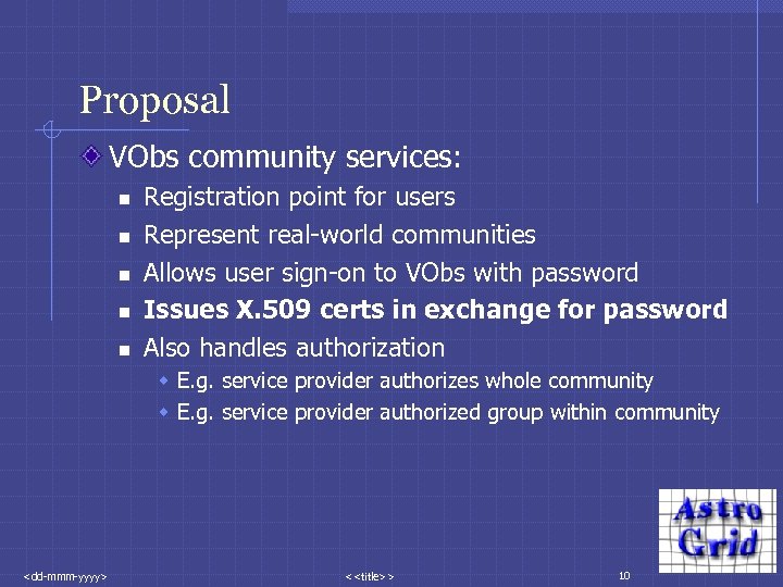 Proposal VObs community services: n n n Registration point for users Represent real-world communities