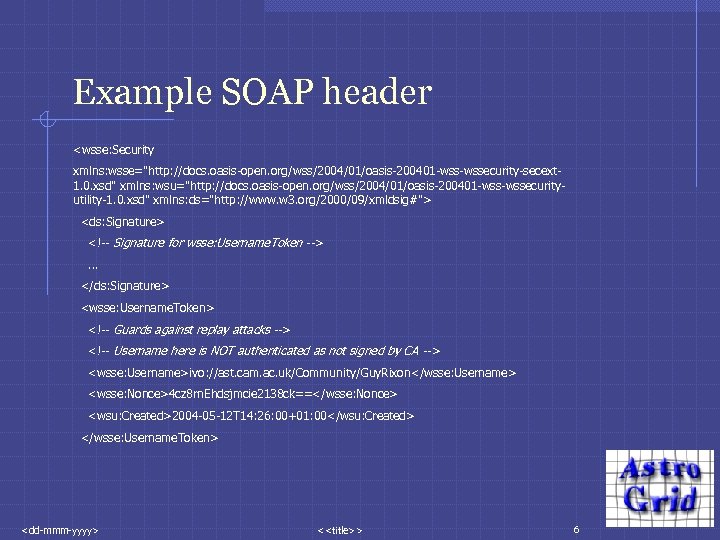 Example SOAP header <wsse: Security xmlns: wsse=
