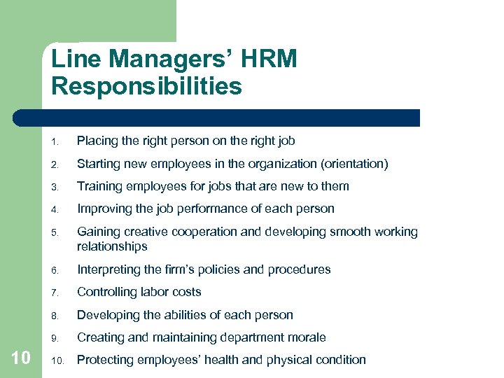 Line Managers’ HRM Responsibilities 1. 2. Starting new employees in the organization (orientation) 3.