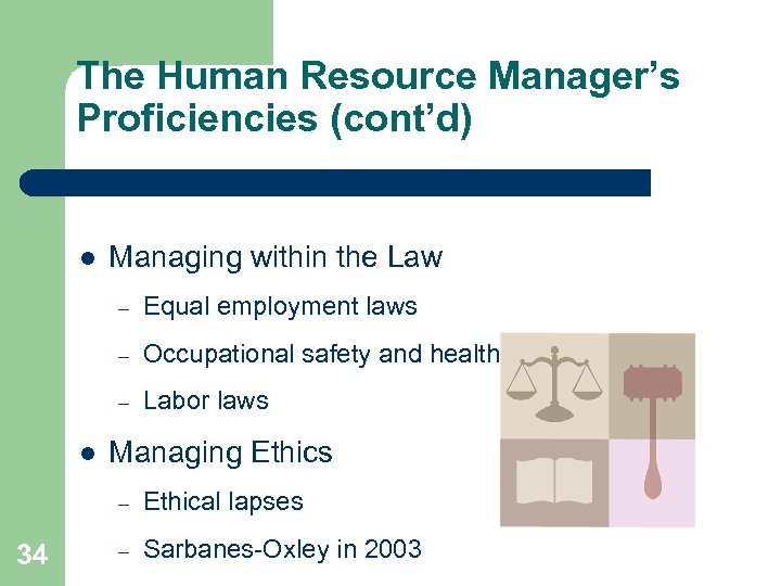 The Human Resource Manager’s Proficiencies (cont’d) l Managing within the Law – – Occupational
