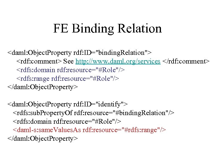 FE Binding Relation <daml: Object. Property rdf: ID="binding. Relation"> <rdf: comment> See http: //www.