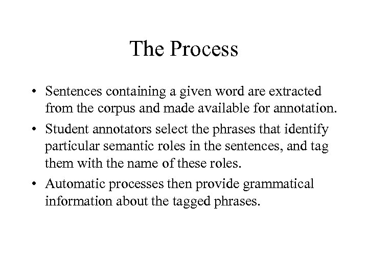 The Process • Sentences containing a given word are extracted from the corpus and