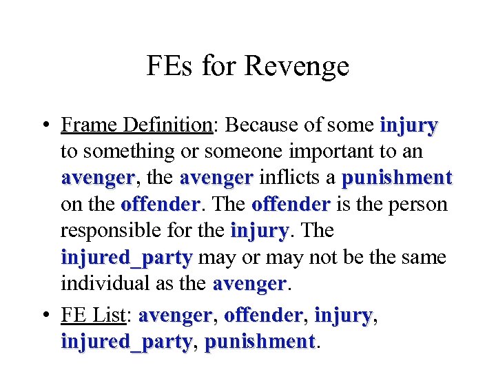 FEs for Revenge • Frame Definition: Because of some injury to something or someone