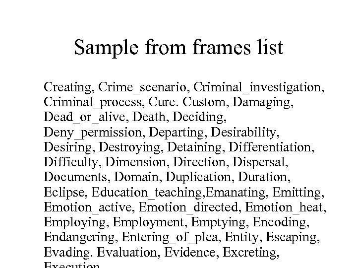 Sample from frames list Creating, Crime_scenario, Criminal_investigation, Criminal_process, Cure. Custom, Damaging, Dead_or_alive, Death, Deciding,