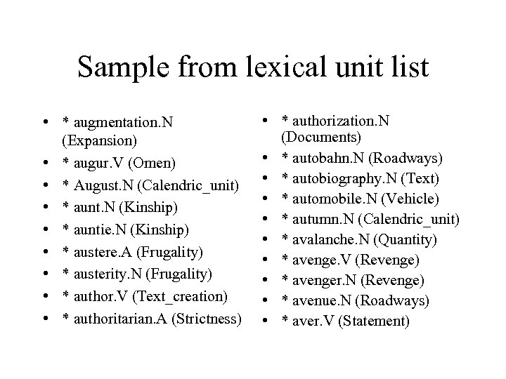 Sample from lexical unit list • * augmentation. N (Expansion) • * augur. V