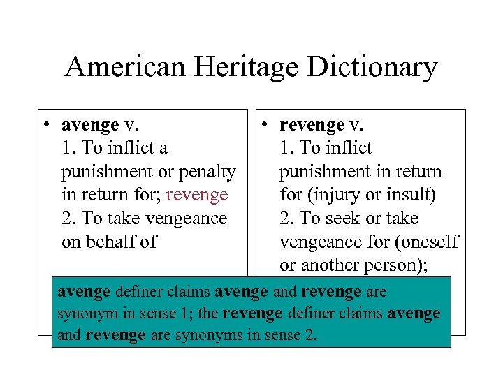 American Heritage Dictionary • avenge v. 1. To inflict a punishment or penalty in
