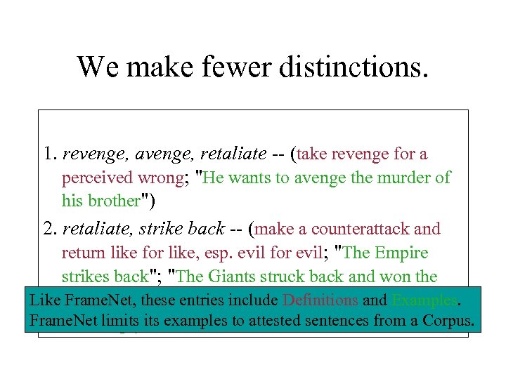We make fewer distinctions. 1. revenge, avenge, retaliate -- (take revenge for a perceived
